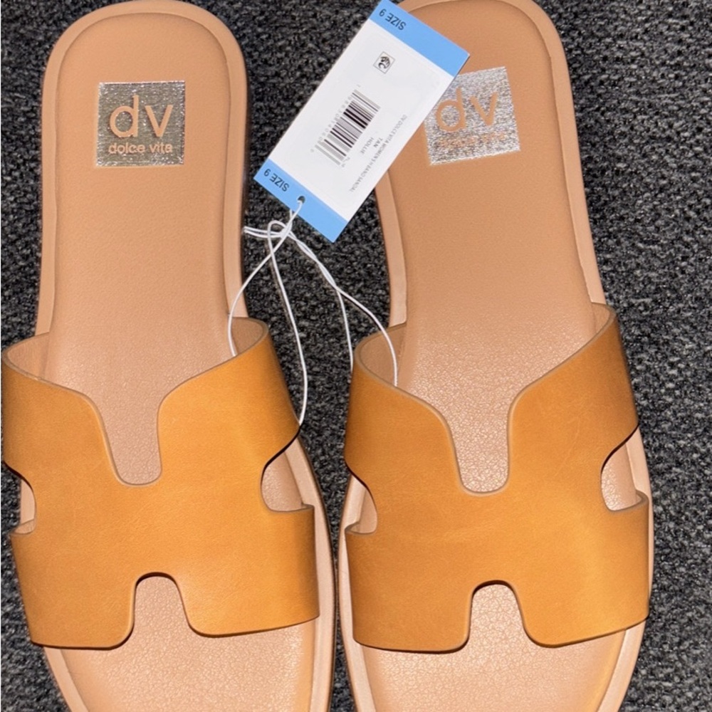Dolce Vita Tan Slide Sandals with H-Cutout Design